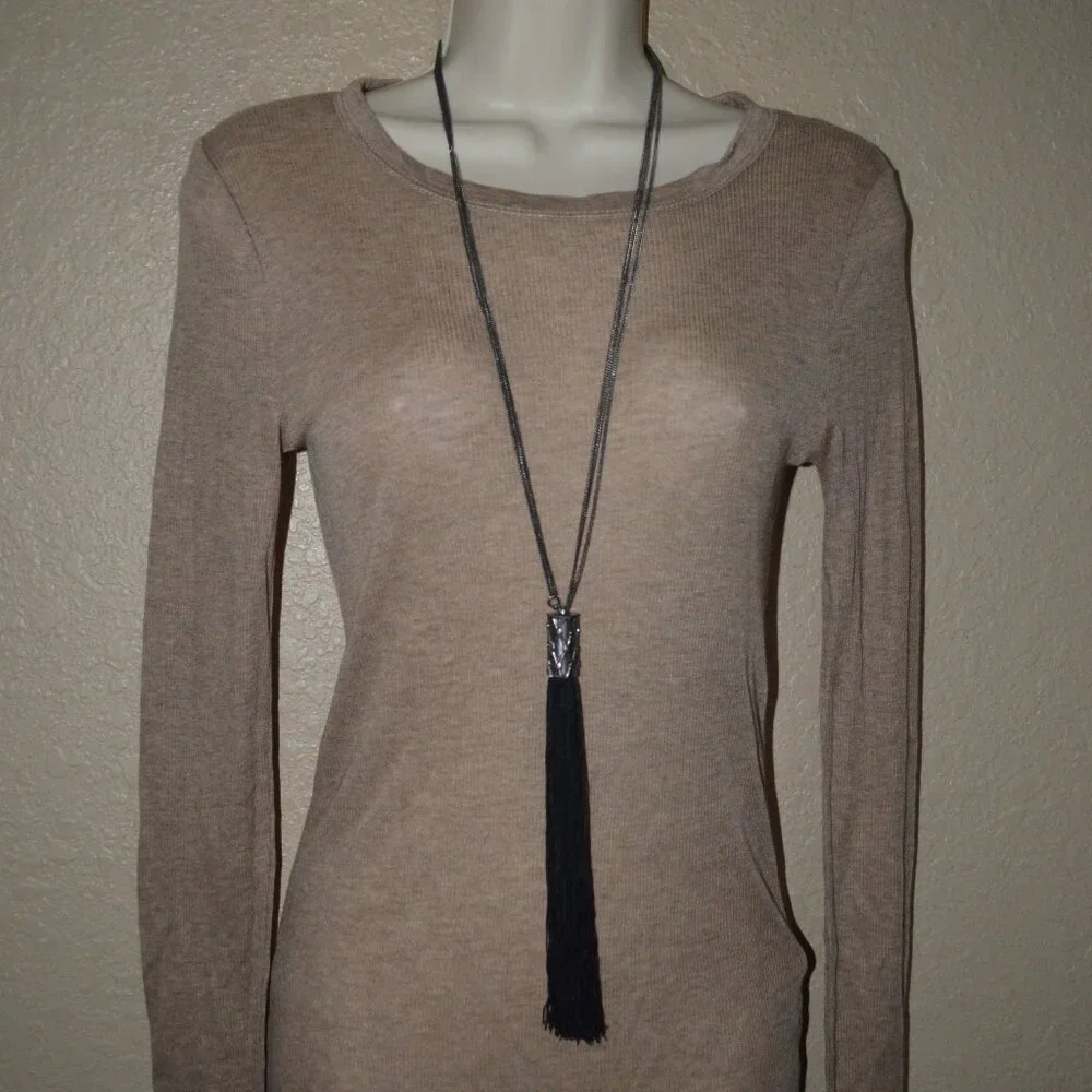 YSL Yves Saint Laurent Black Tassel Silver Chain Necklace